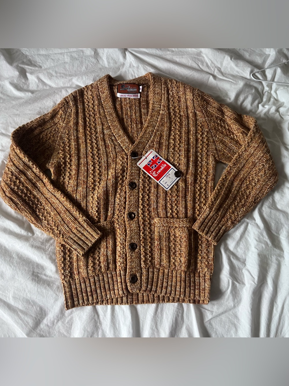 VINTAGE BNWT Crocodile Wool Cable Knit Cardigan Sweater Made in England S